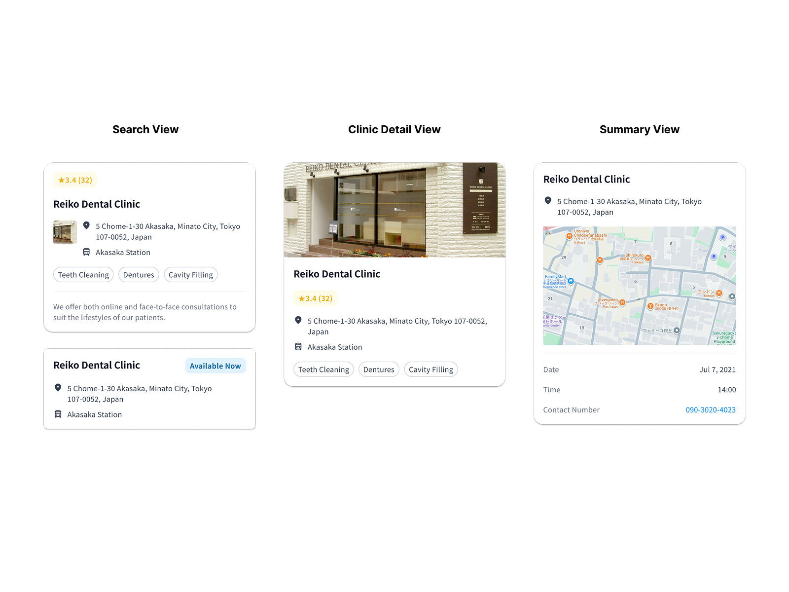 Clinic card component designed for systematic reuse across homescreen, search results, and clinic detail surfaces