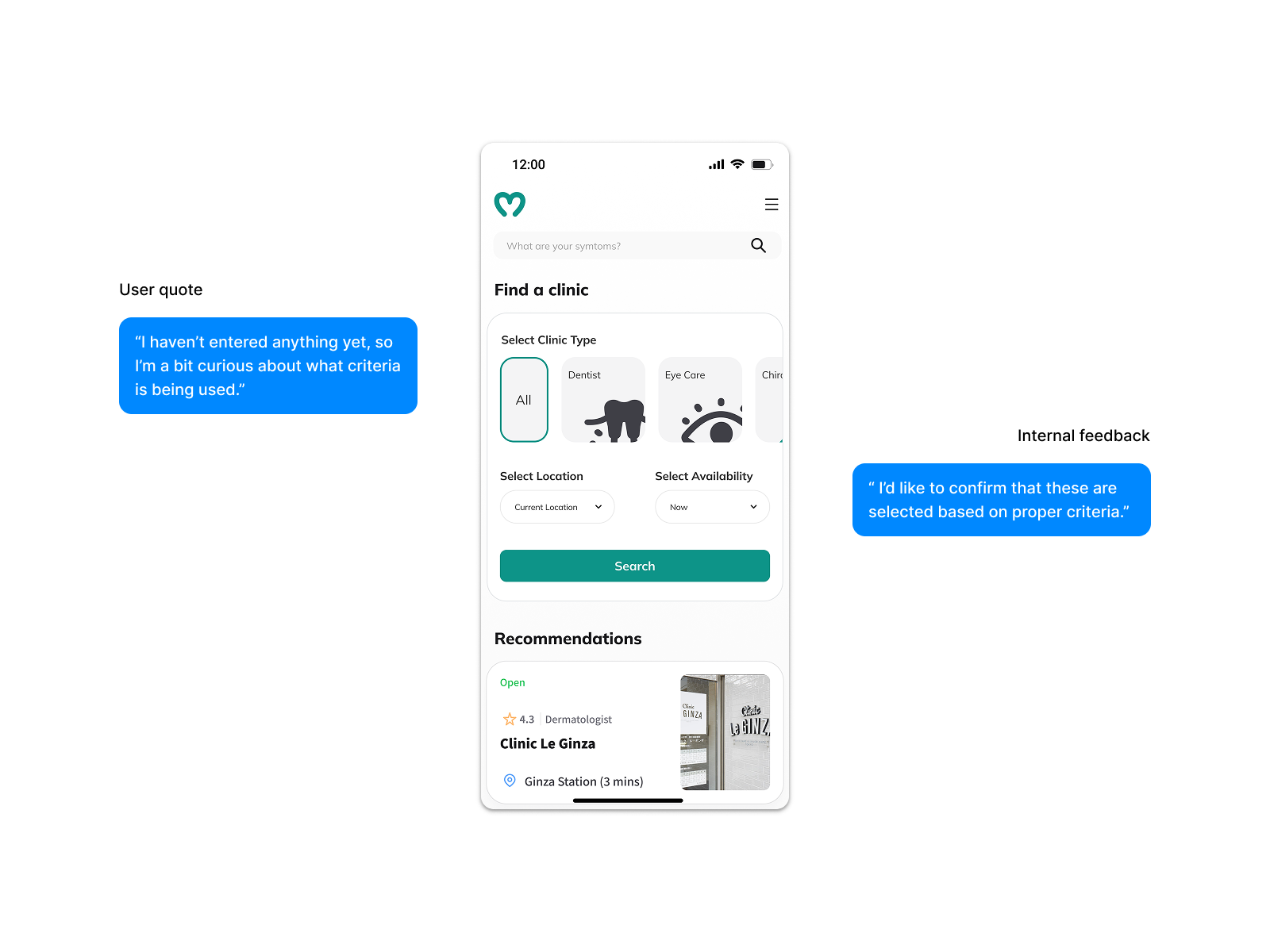V1 homescreen showing location-based clinic recommendations surfaced before any user input