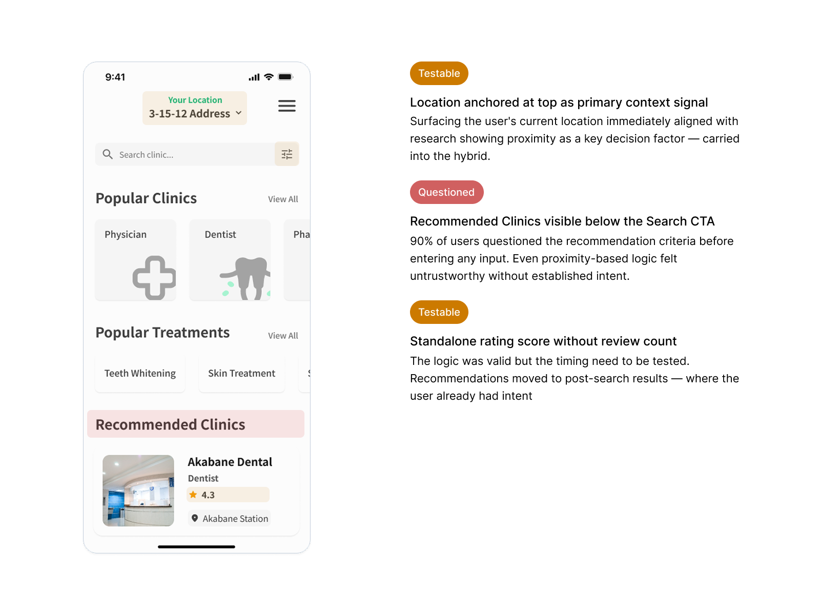 Proximity-driven homescreen — leading with location-based clinic suggestions before any search input
